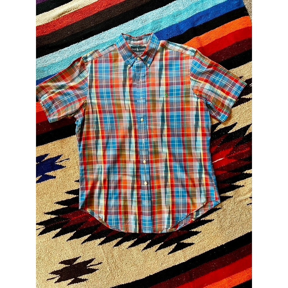 Ralph Lauren Western Style Shirt Preppy Mens L  Multicolor Plaid Short Sleeve